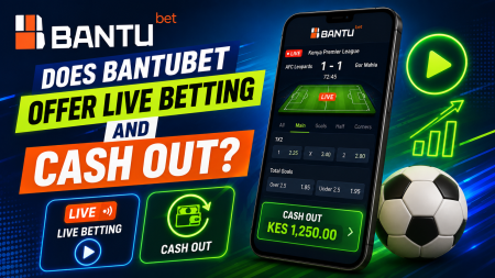 Bright ad for BANTU Bet: 'Does BANTUBET offer live betting and cash out?' with a smartphone app and a soccer ball on a blue neon backdrop.